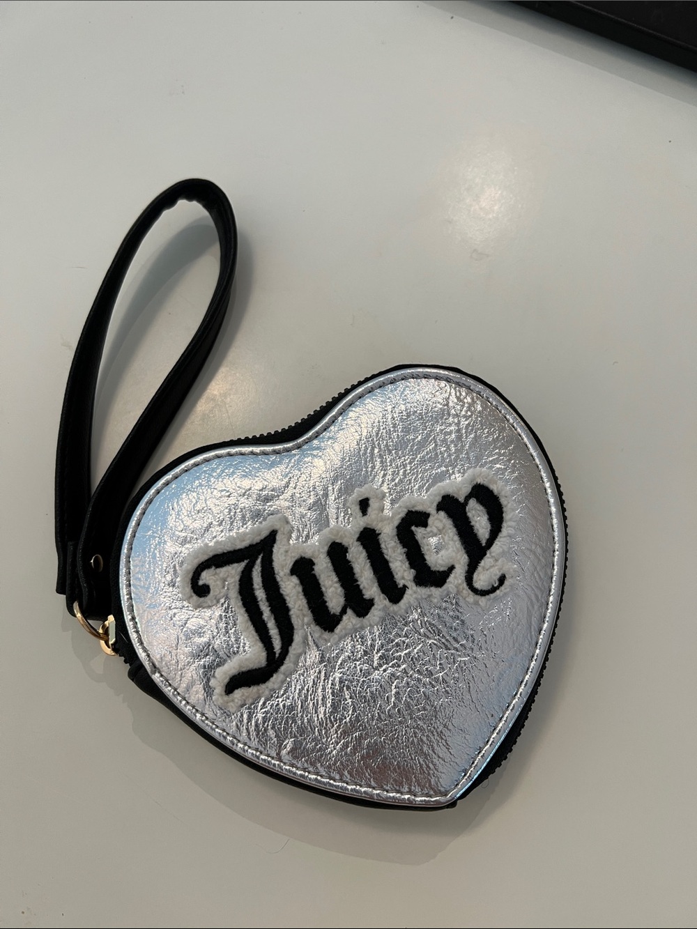 Juicy Couture Silver Heart Wristlet with Black Logo